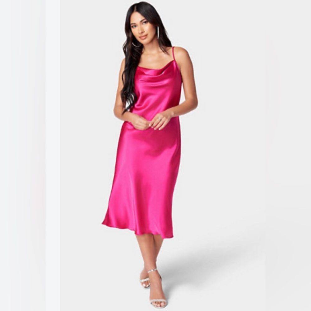 bebe Hot Pink Satin Cowl neck Slip midi Dress size M